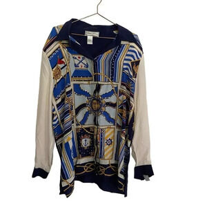 Diane Gilman nautical Long Sleeve silk Collared Button Up Top Size 2X